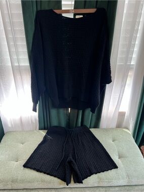 Free People Black Knit Crewneck Sweater and Shorts Set
